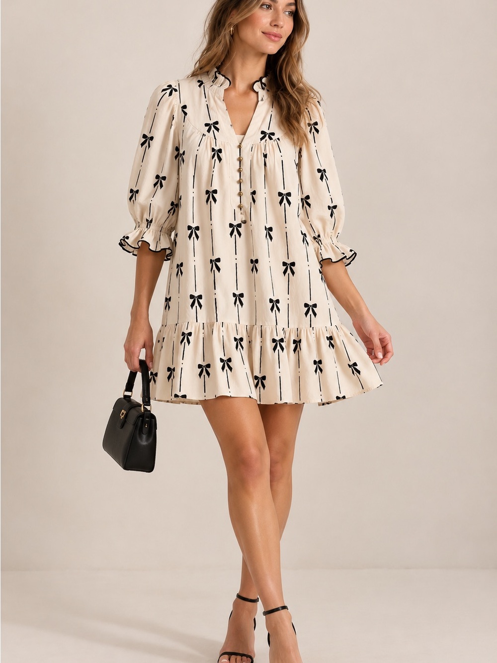 entro Cream Mini Dress with Black Bow Print